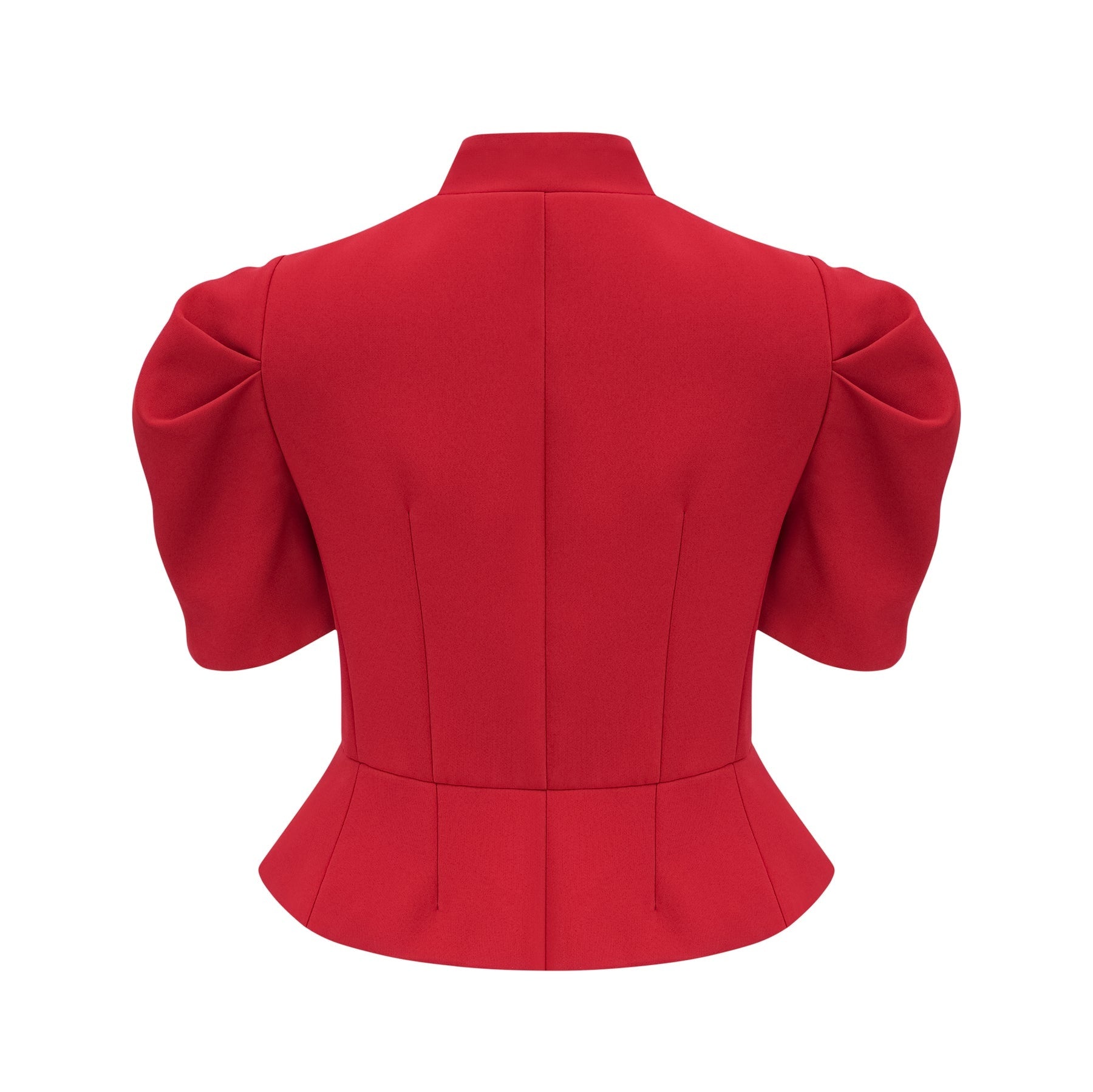 A woman wearing a bright red matching set consisting of a pleated blouse and skirt The blouse has long sleeves and a high neckline while the skirt falls to midi length with pleats throughout The outfit creates a stylish and coordinated look