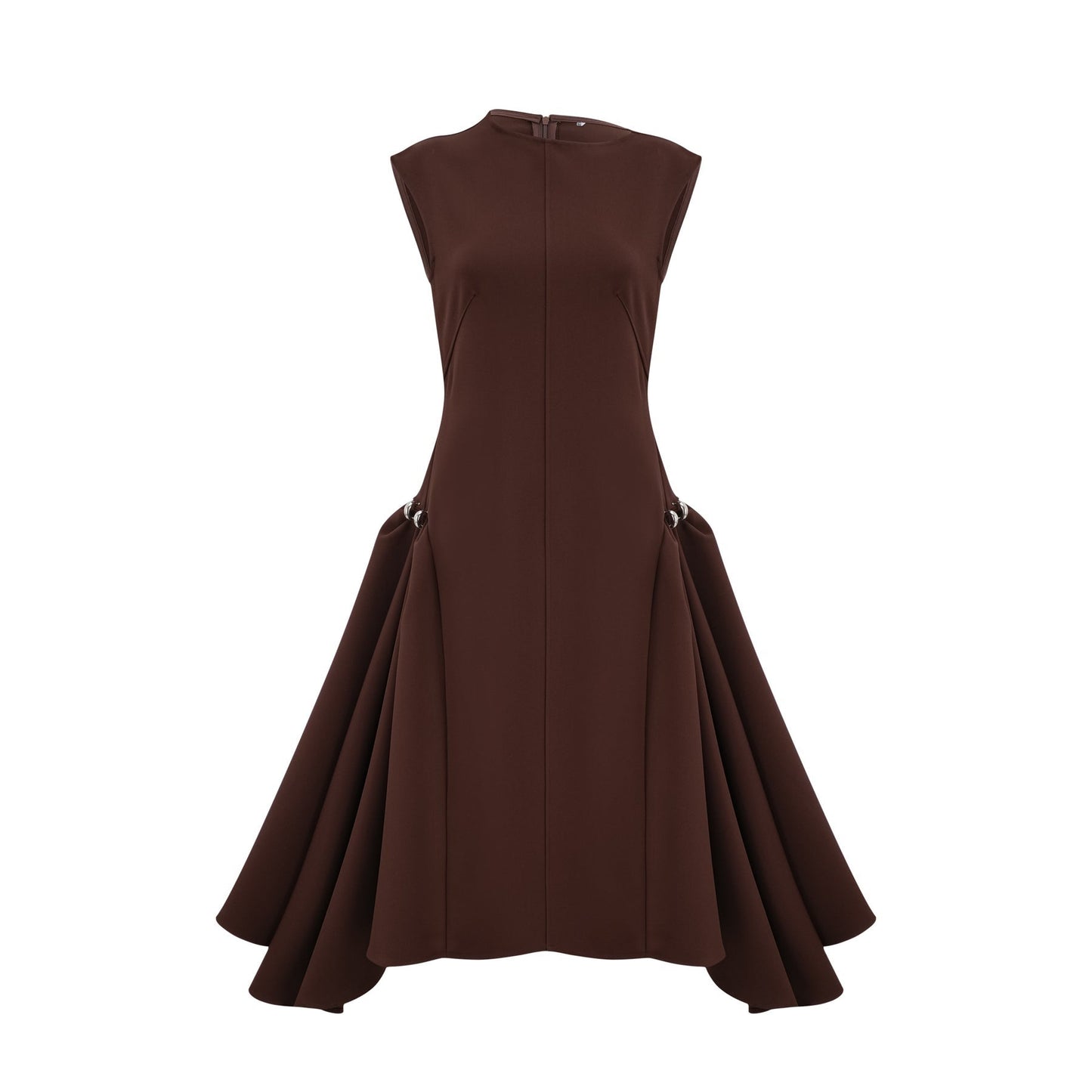 A woman wearing a brown asymmetrical midi dress with a flowy skirt and one shoulder design