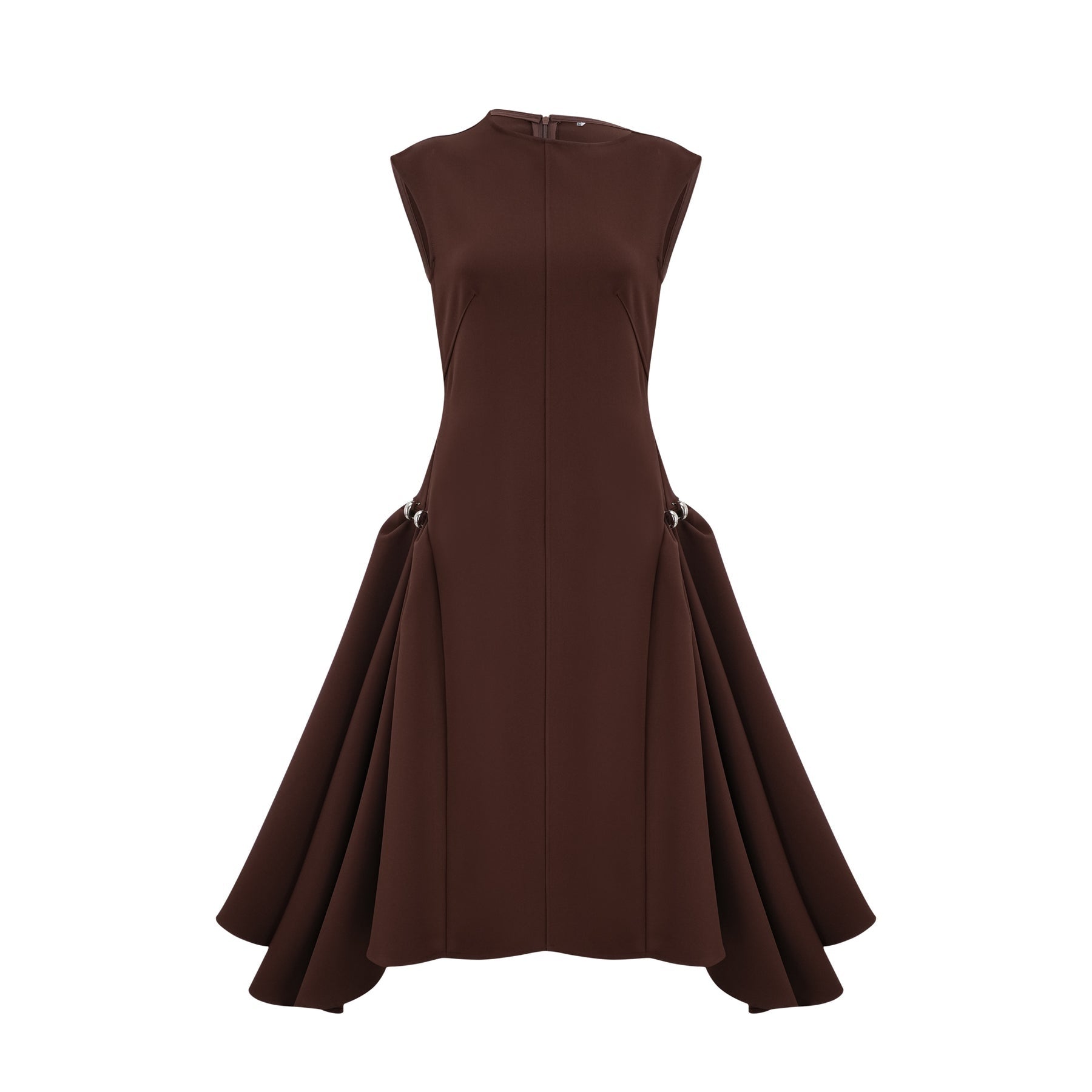 A woman wearing a brown asymmetrical midi dress with a flowy skirt and one shoulder design