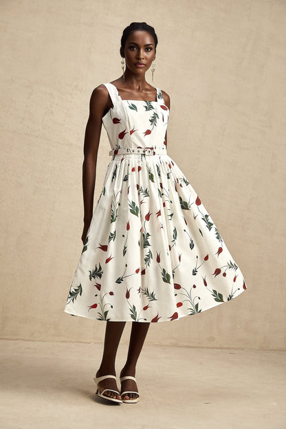 A woman wearing a floral print midi dress with a poplin fabric standing in a relaxed pose against a plain background The dress features a vibrant pattern of colorful flowers on a light base