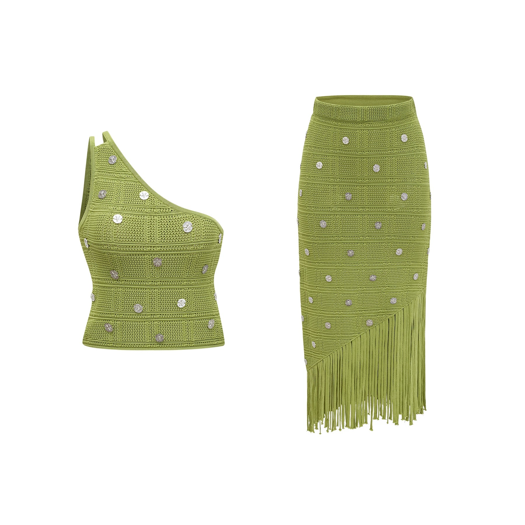 A woman wearing a green knitted two piece outfit consisting of a sleeveless top and matching skirt with embellished details