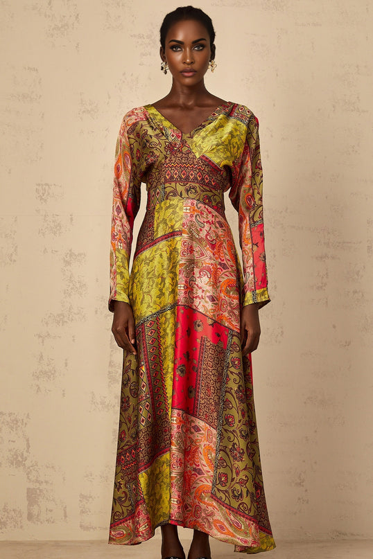 A woman wearing a green midi dress with a floral pattern print and flared skirt