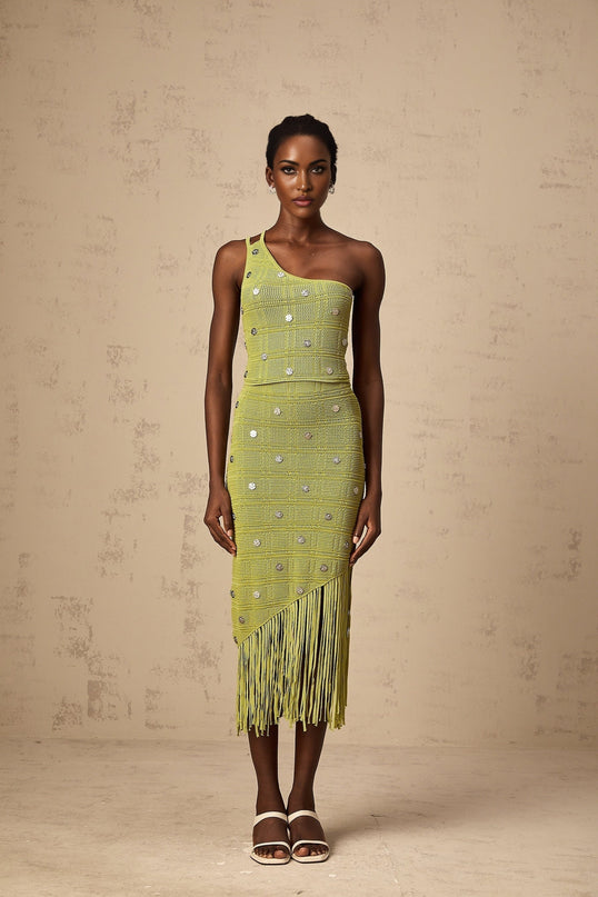 A woman wearing a green twopiece outfit consisting of a knit top and skirt set The top is embellished and the ensemble is named Annette The model stands in a relaxed pose showcasing the matching set