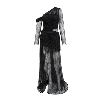Black one shoulder dress with long sleeves lace embroidery and asymmetric design featuring cutout and gathered detailing side high slit and scallop trim %74 Polyamide 20% Cotton 6% Rayon