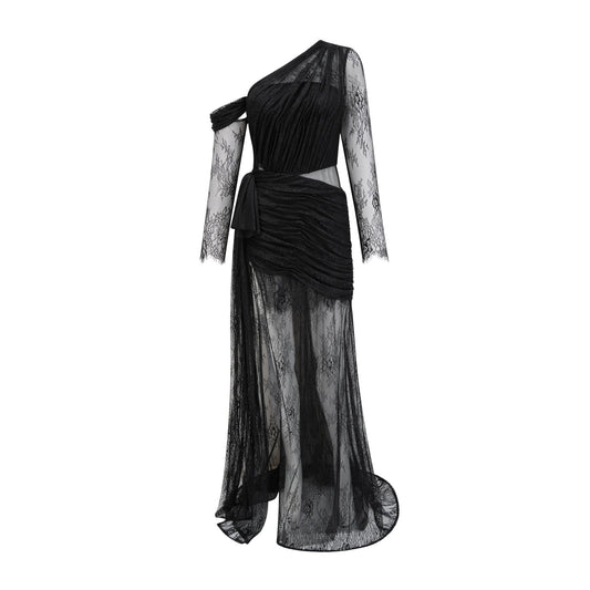 Black one shoulder dress with long sleeves lace embroidery and asymmetric design featuring cutout and gathered detailing side high slit and scallop trim %74 Polyamide 20% Cotton 6% Rayon