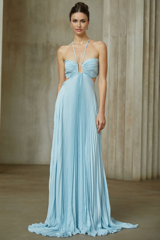A woman wearing a long blue pleated maxi dress with a cutout detail standing in a relaxed pose against a plain background