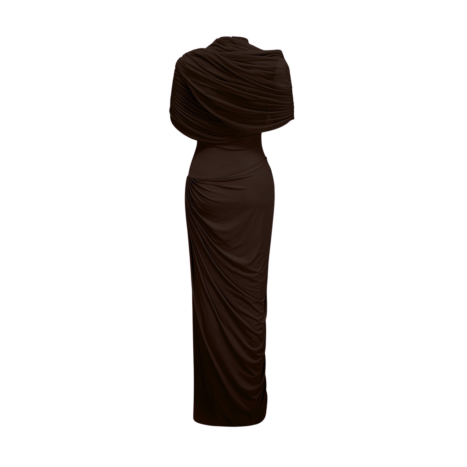 A woman wearing a long brown asymmetric maxi dress with pleated details standing in a neutral background