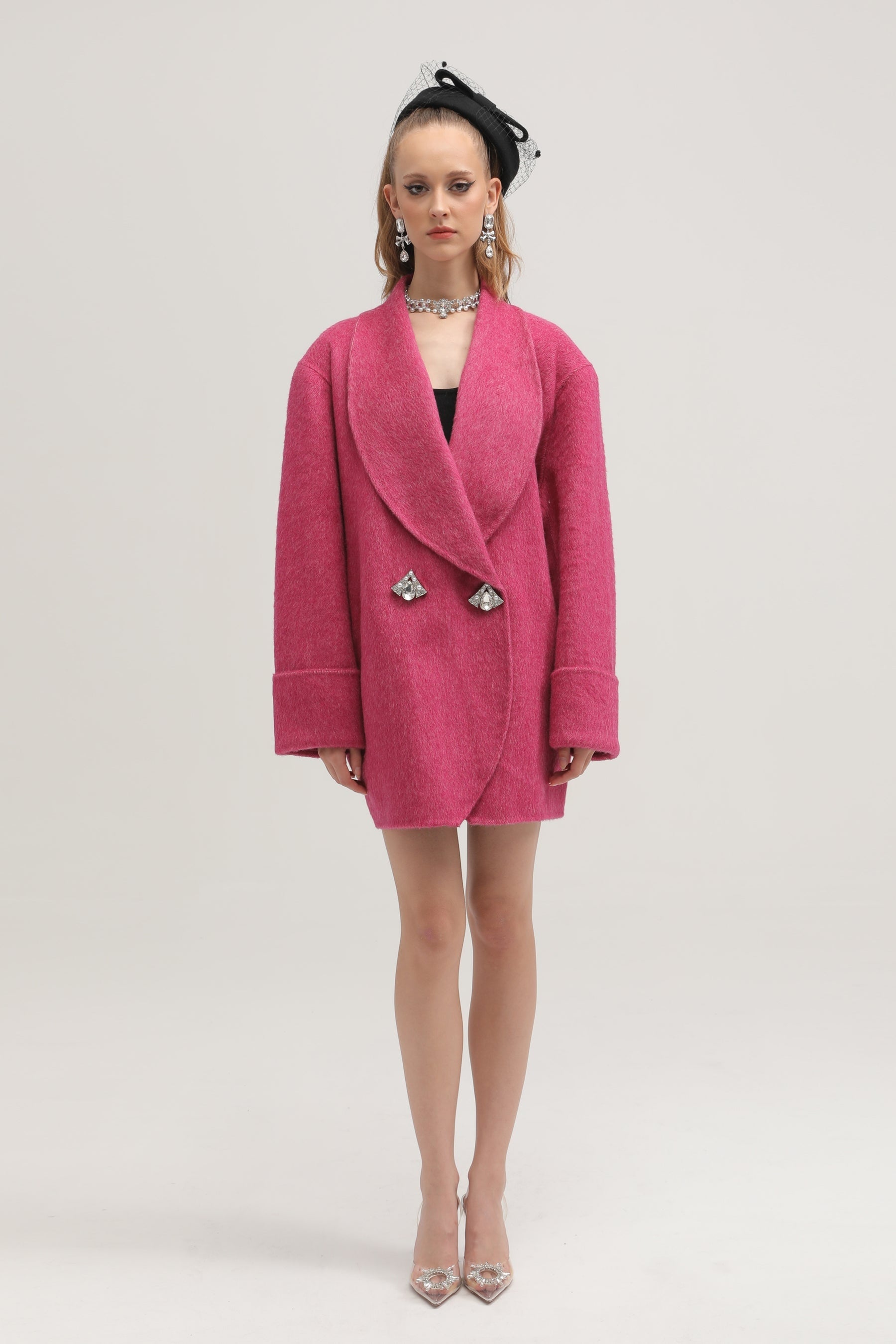 Grey herringbone dress with stud embellishment notched lapels and side flap pockets