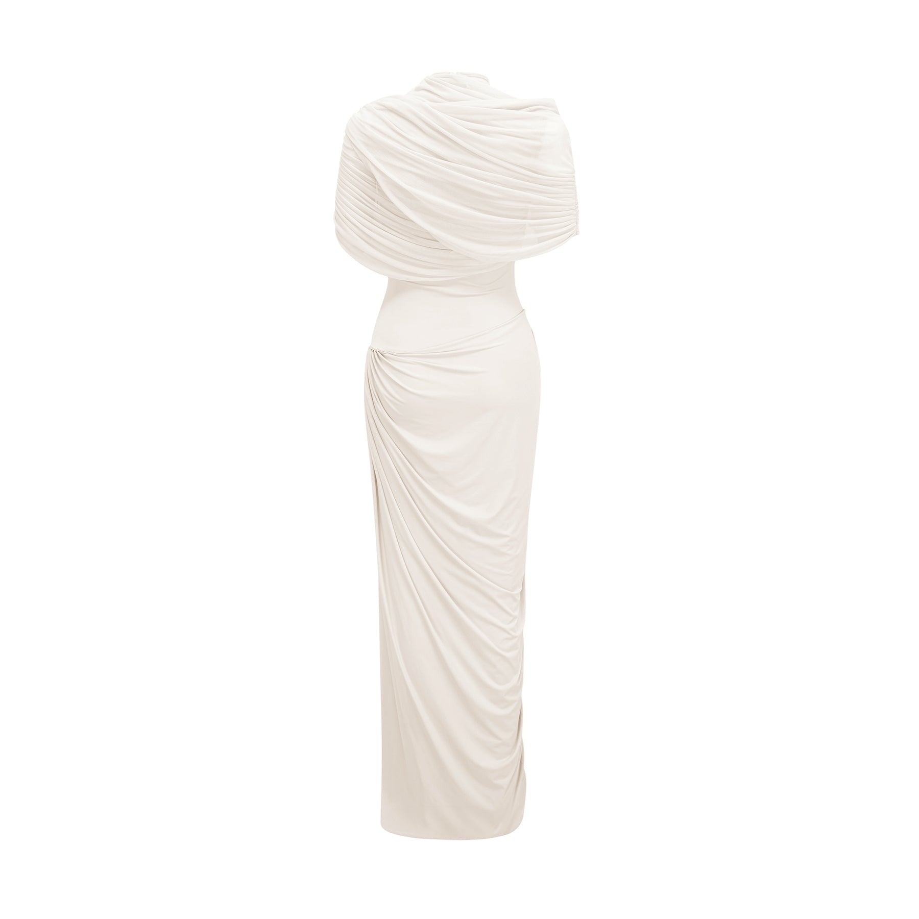 A woman wearing a long white asymmetrical maxi dress with pleated details standing in a neutral background