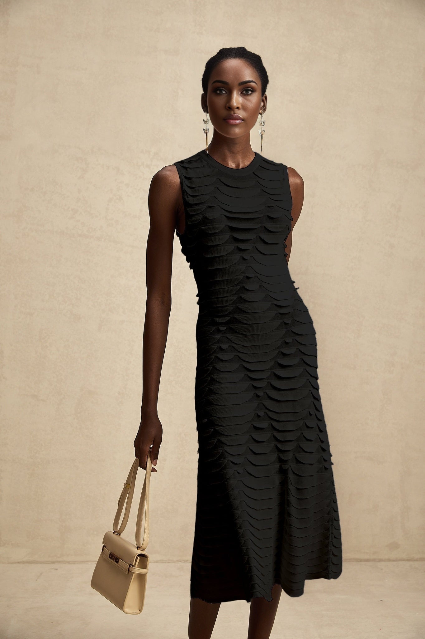 A woman wearing a midi length dress with a snake skin pattern and godet inserts for a flared silhouette
