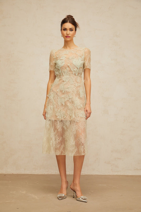 A woman wearing a mintgreen midi dress with floral lace pattern standing against a plain background