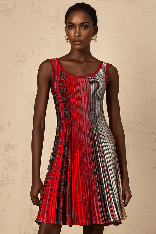 A woman wearing a red mini dress with sequin stripes knitted into the fabric standing against a plain background