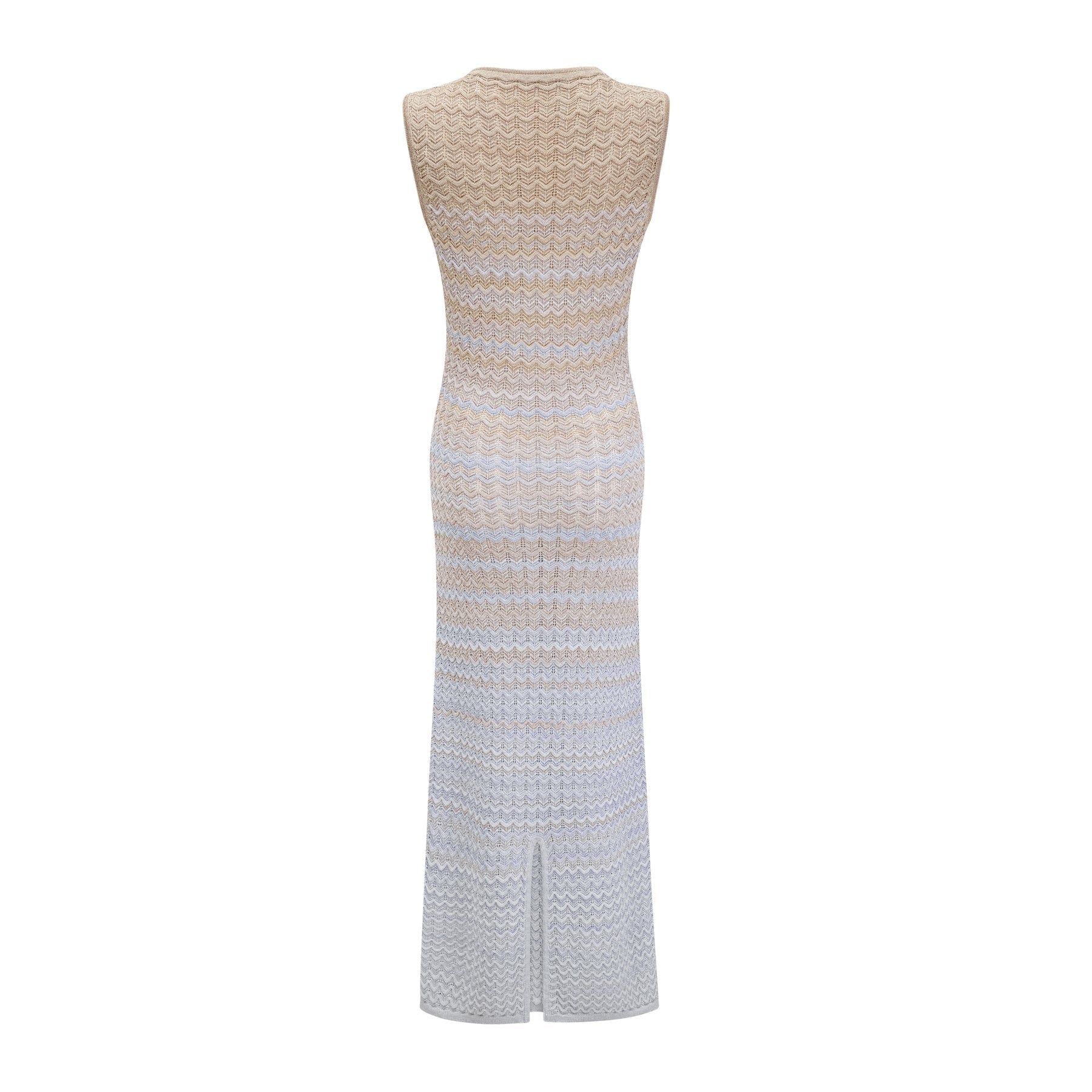 A woman wearing a ribbed knit midi dress with contrasting colors named Pauline The dress features a fitted silhouette and falls to mid calf length