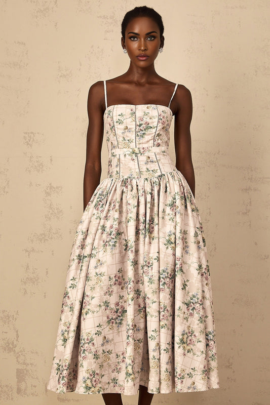 A womens midi dress with a neutralcolored floral print pattern