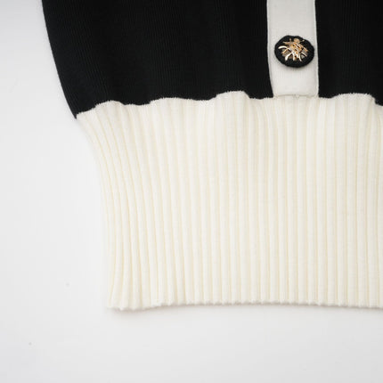 A wool mini dress with colorblocked design and ribbed knit texture featuring shades of Charlotte