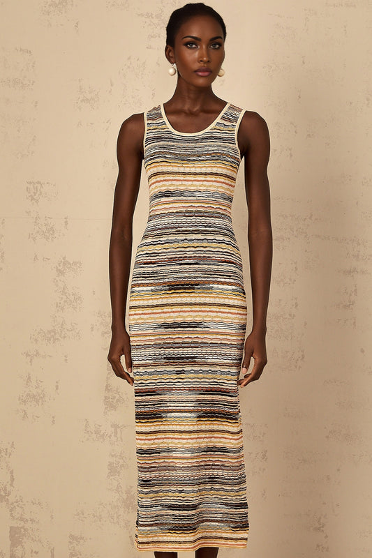 A yellow and white striped midi dress with a crochet knit pattern and a fitted silhouette named Quentin