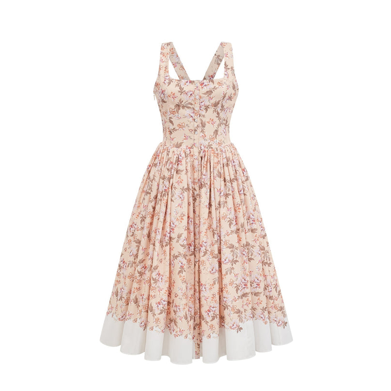 A yellow midi dress with a floral print pattern and button details