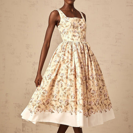 A yellow midi dress with a floral print pattern featuring buttons and a feminine silhouette