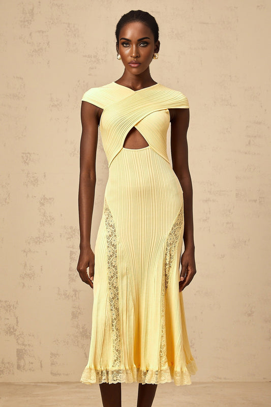 A yellow midi dress with a ribbed knit texture and lace panels featuring a fitted silhouette and long sleeves