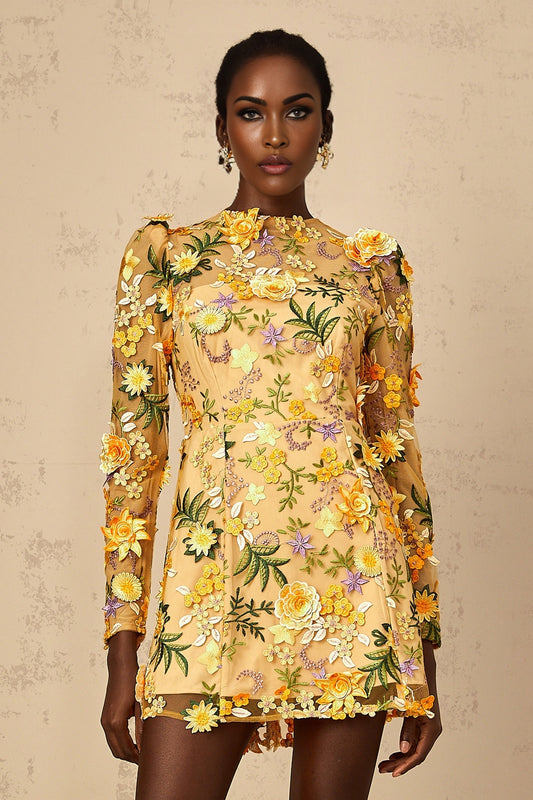 A yellow mini dress with 3D floral applique details named Jolien