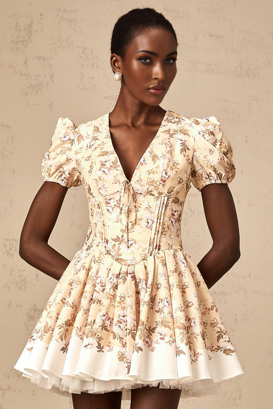 A yellow mini dress with a floral print pattern and pleated design featuring short sleeves and a flowy skirt