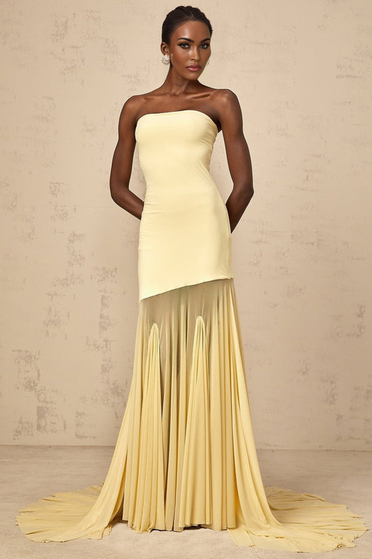 A yellow offshoulder maxi dress with sheer tulle fabric flowing to the floor worn by a model against a plain background
