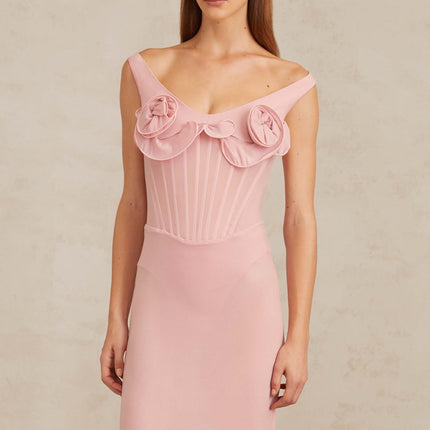 Aada Pink Fitted 3D Petal Midi Dress