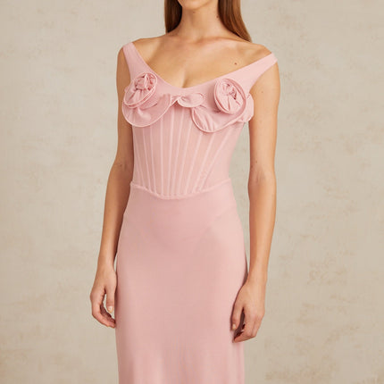 Aada Pink Fitted 3D Petal Midi Dress