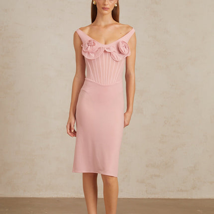 Aada Pink Fitted 3D Petal Midi Dress