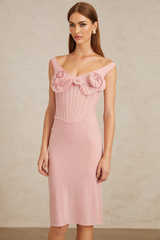 Aada Pink Fitted 3D Petal Midi Dress