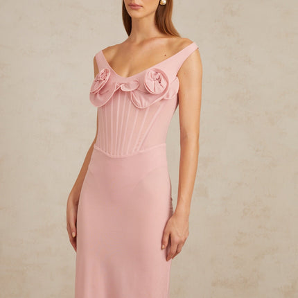 Aada Pink Fitted 3D Petal Midi Dress