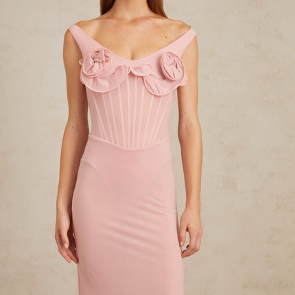 Aada Pink Fitted 3D Petal Midi Dress