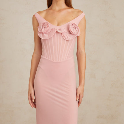 Aada Pink Fitted 3D Petal Midi Dress
