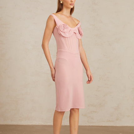 Aada Pink Fitted 3D Petal Midi Dress