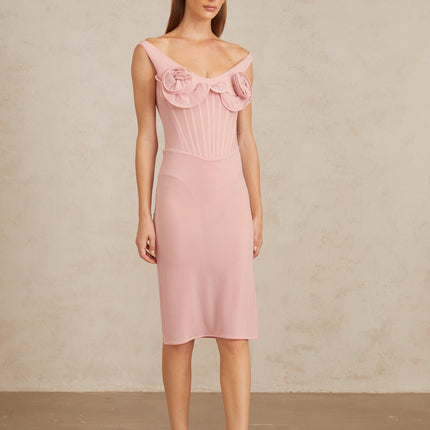 Aada Pink Fitted 3D Petal Midi Dress