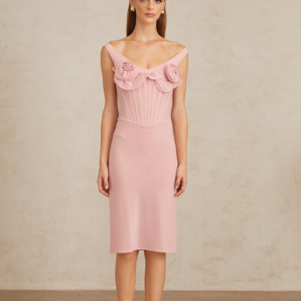 Aada Pink Fitted 3D Petal Midi Dress