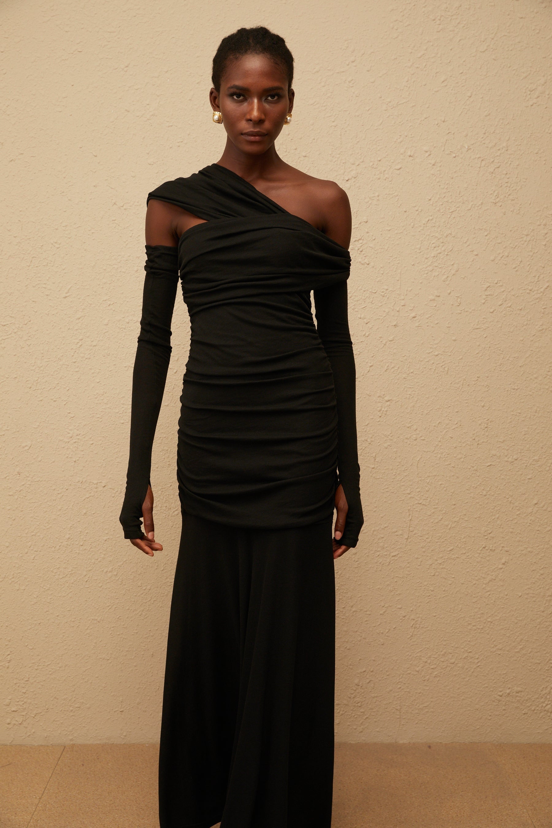 Aava Black Ruched Knit Maxi Dress