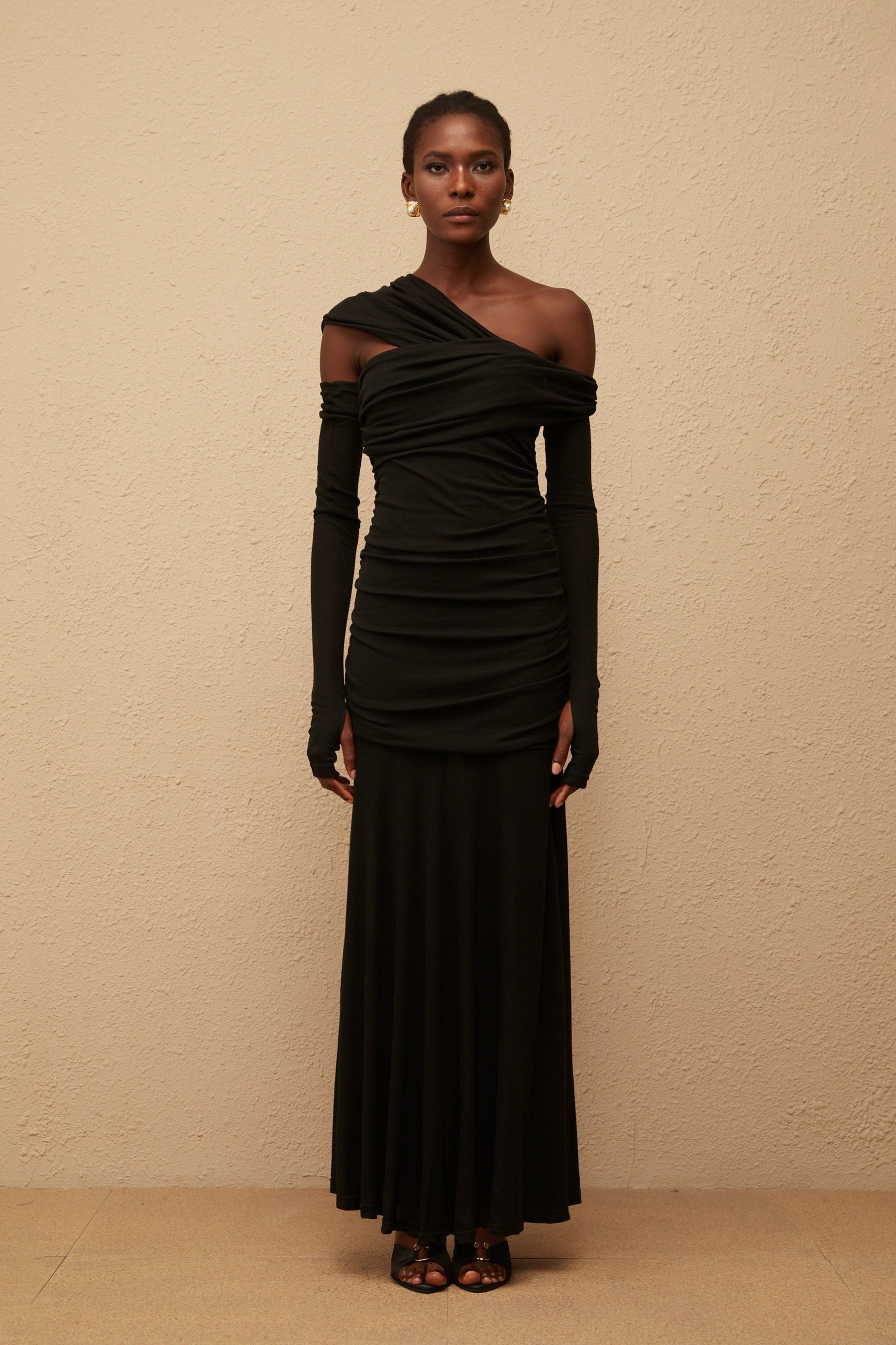 Aava Black Ruched Knit Maxi Dress