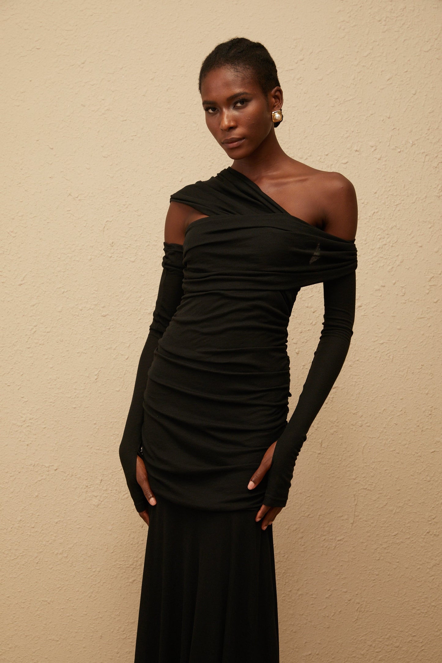 Aava Black Ruched Knit Maxi Dress