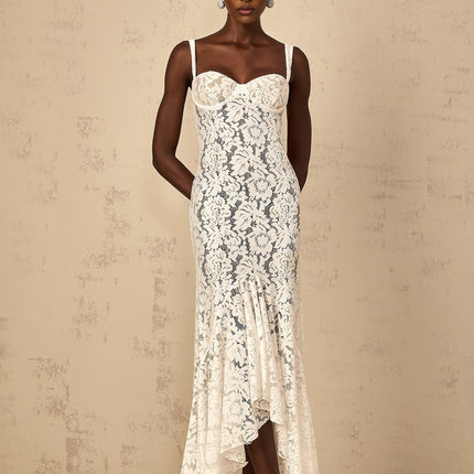 Abbie White Floral Lace Bustier Maxi Dress