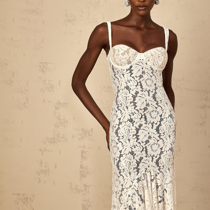 Abbie White Floral Lace Bustier Maxi Dress