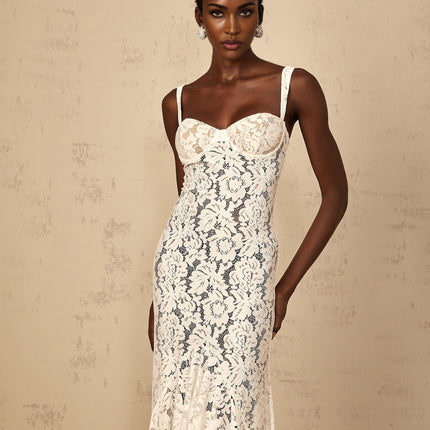 Abbie White Floral Lace Bustier Maxi Dress