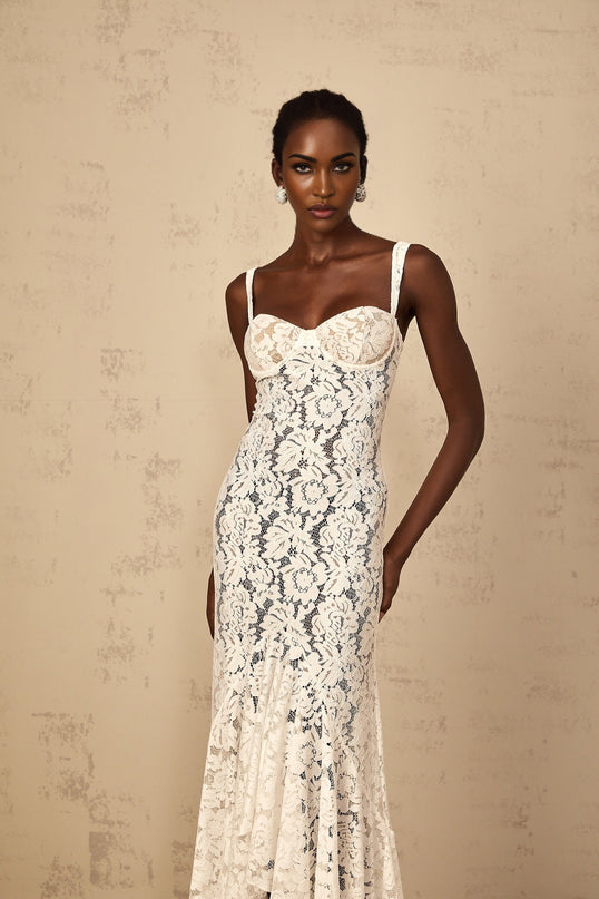 Abbie White Floral Lace Bustier Maxi Dress