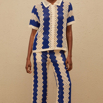 Abigail Blue Crochet Knit Shirt Trousers Set