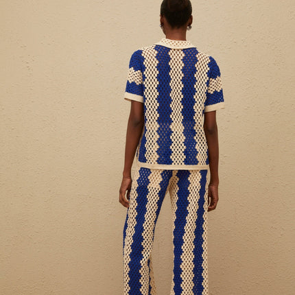 Abigail Blue Crochet Knit Shirt Trousers Set