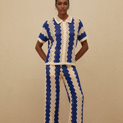 Abigail Blue Crochet Knit Shirt Trousers Set