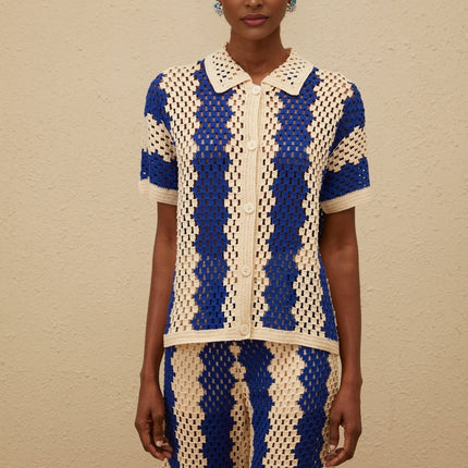 Abigail Blue Crochet Knit Shirt Trousers Set