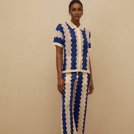 Abigail Blue Crochet Knit Shirt Trousers Set