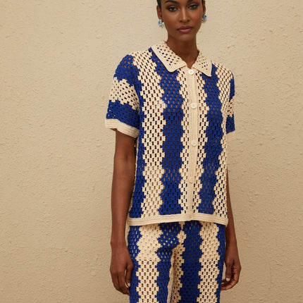 Abigail Blue Crochet Knit Shirt Trousers Set