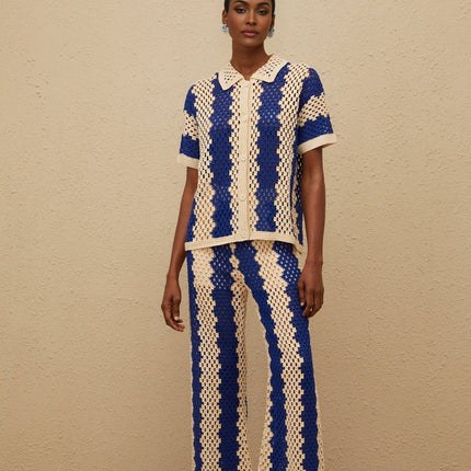 Abigail Blue Crochet Knit Shirt Trousers Set
